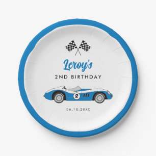 Vintage Blue Race Car Boy Birthday Party Paper Plate