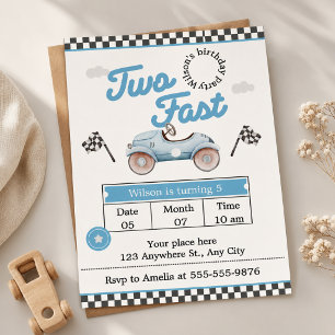 Vintage Blue Race Car "Two Fast" 2nd Birthday Invitation