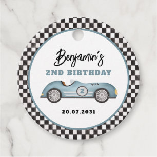 Vintage Blue Race Car Two Fast Boy Birthday Party Favour Tags