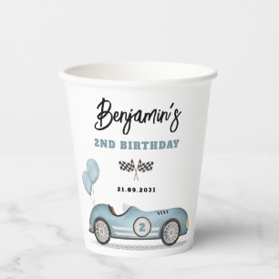 Vintage Blue Race Car Two Fast Boy Birthday Party Paper Cups