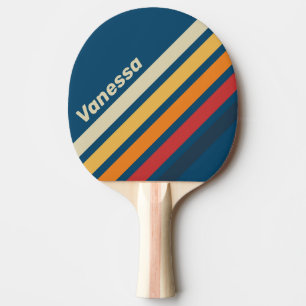 Vintage Blue Rainbow Angled Striping with Name Ping Pong Paddle