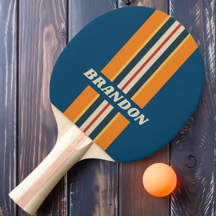 Vintage Blue Rainbow Rally Stripe with Name Ping Pong Paddle