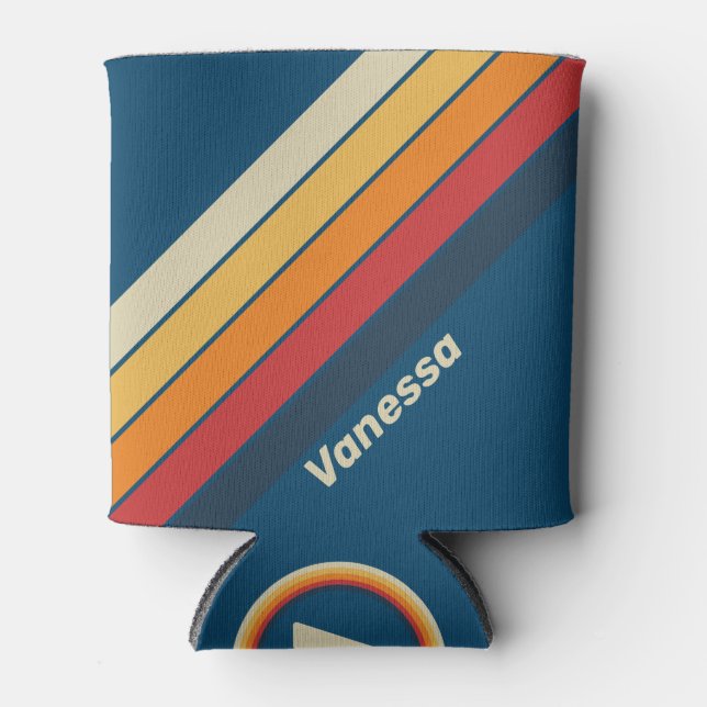 Vintage Blue Rainbow Striped with Name Can Cooler (Front)