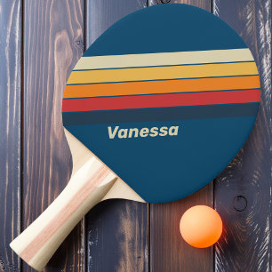 Vintage Blue Rainbow Striped with Name Ping Pong Paddle