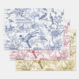 Vintage Blue Red Birds Flowers French Script Wrapping Paper Sheet