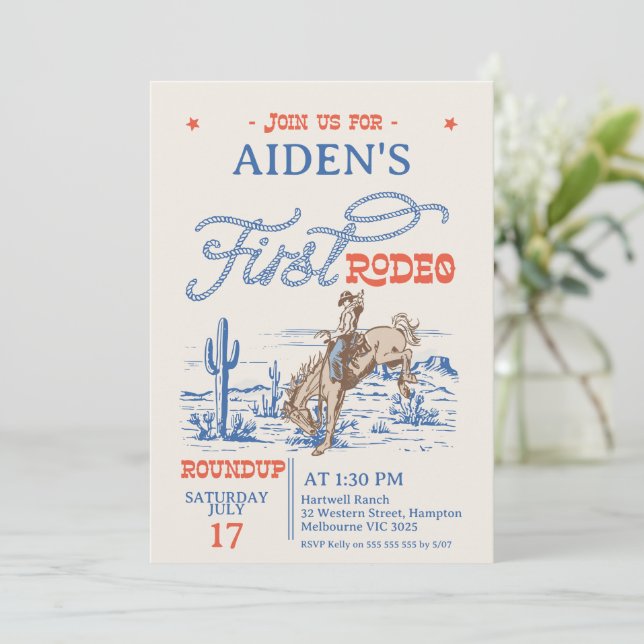 Vintage Blue Red Bronco First Rodeo 1st Birthday Invitation (Standing Front)