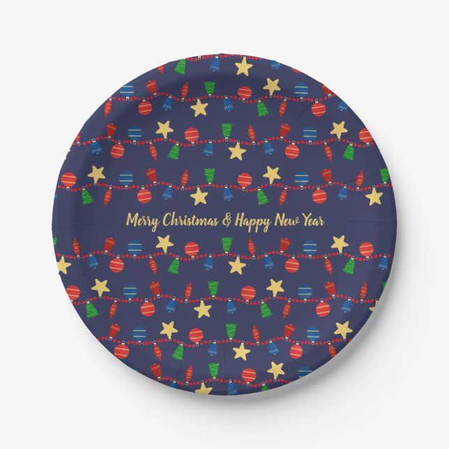 Vintage blue red Christmas ornaments Paper Plate (Front)