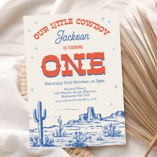 Vintage Blue Red Little Cowboy 1st Birthday  Invitation