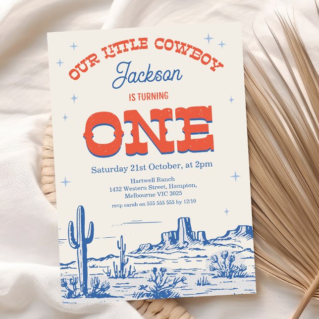 Vintage Blue Red Little Cowboy 1st Birthday  Invitation (Vintage Cowboy 1st Birthday Invitation Boy Blue Red, Little Cowboy 1st Birthday Invite, Wild West)
