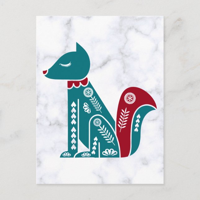 Vintage Blue Red Scandinavian Squirrel Postcard (Front)