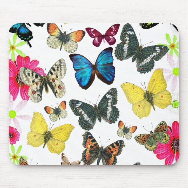 Vintage Blue Red Yellow Colourful Butterflies Mouse Mat (Front)