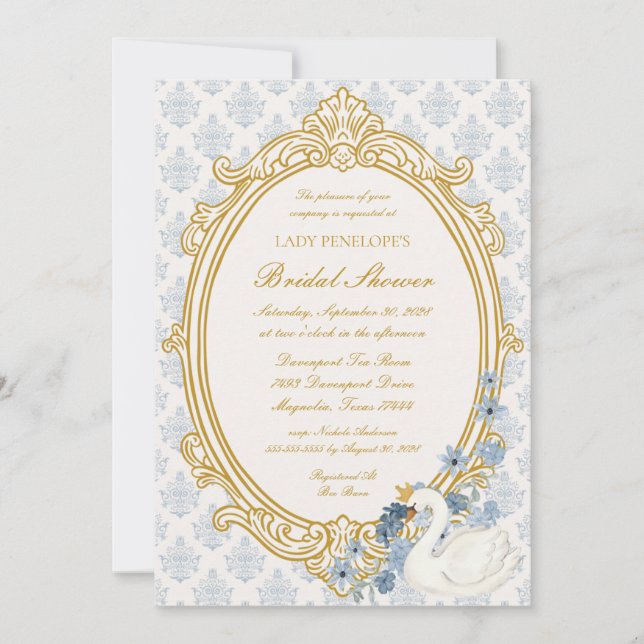 Vintage Blue Regency Swan Cameo Bridal Shower Invitation (Front)