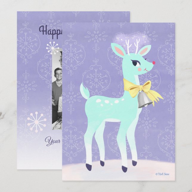 Vintage Blue Reindeer Personalised Flat Card (Front/Back)