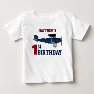 Vintage Blue Retro Aeroplane 1st Birthday Party Baby T-Shirt