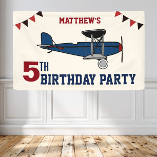 Vintage Blue Retro Aeroplane Birthday Party Banner
