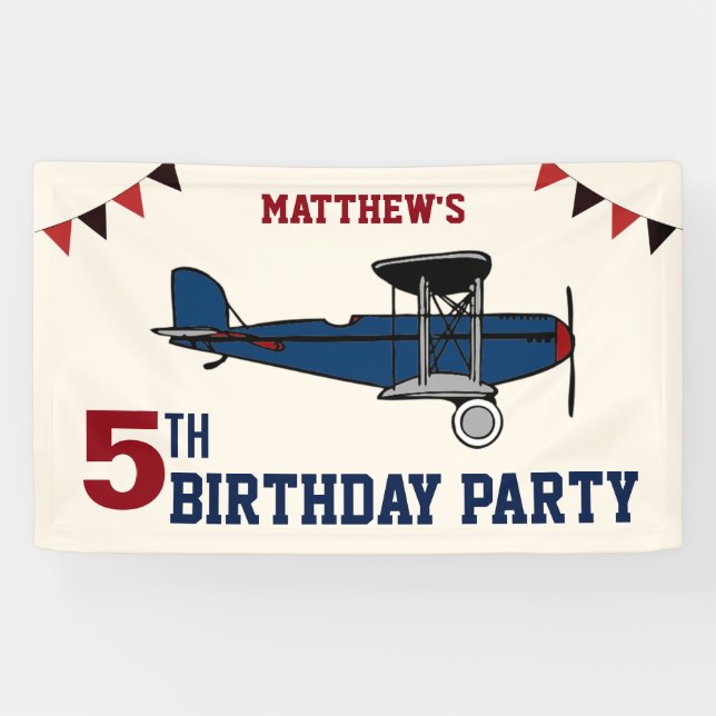 Vintage Blue Retro Aeroplane Birthday Party Banner (Horizontal)