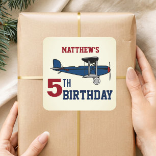 Vintage Blue Retro Aeroplane Birthday Party Favour Square Sticker