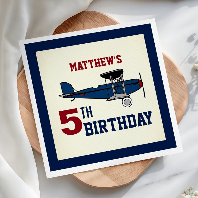 Vintage Blue Retro Aeroplane Birthday Party Paper Napkin (Creator Uploaded)