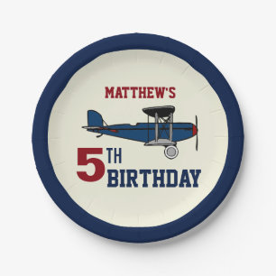 Vintage Blue Retro Aeroplane Birthday Party Paper Plate