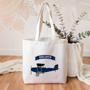 Vintage Blue Retro Aeroplane Kids Tote Bag