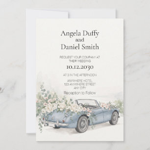 Vintage Blue Roadster Watercolor Floral Invitation