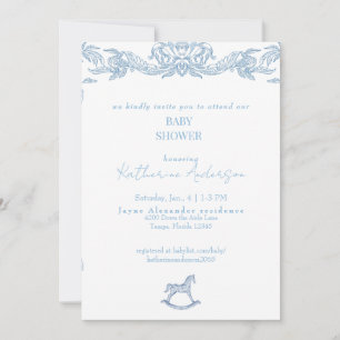 Vintage Blue Rocking Horse Baby Shower Invitation