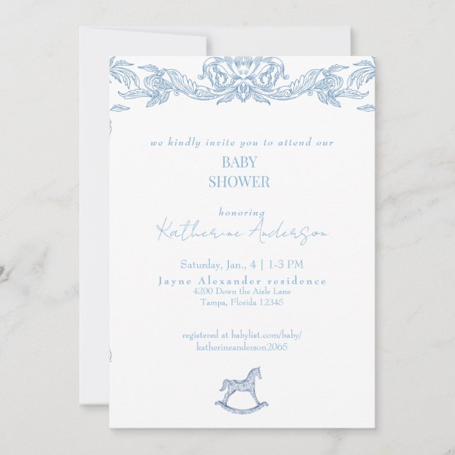 Vintage Blue Rocking Horse Baby Shower Invitation (Front)