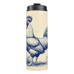 Vintage Blue Rooster in a Floral Garden Thermal Tumbler
