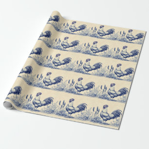 Vintage Blue Rooster in a Floral Garden Wrapping Paper