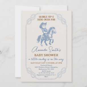 Vintage Blue Rope Frame Cowboy Baby Shower Invitation