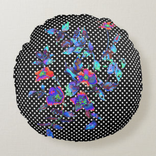 Vintage blue Rose black/white polka-dots Round Cushion
