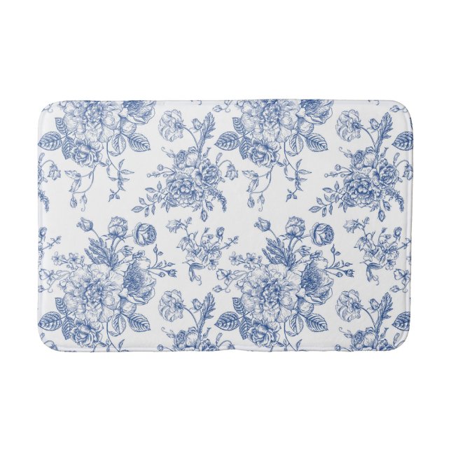 Vintage Blue Rose Floral Pattern Bath Mat (Front)