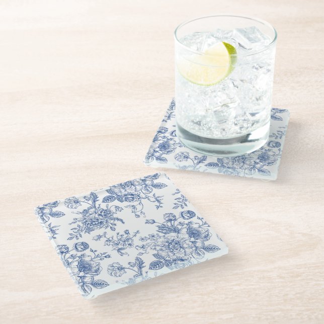 Vintage Blue Rose Floral Pattern Glass Coaster (Angled)
