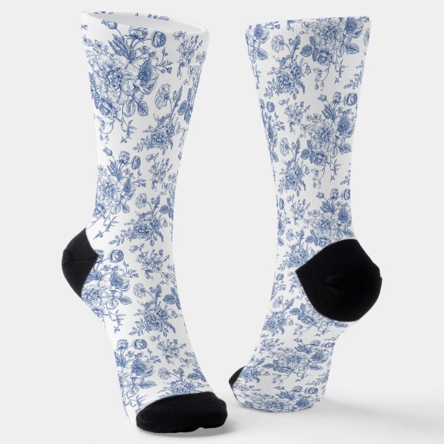 Vintage Blue Rose Floral Pattern Socks (Angled)
