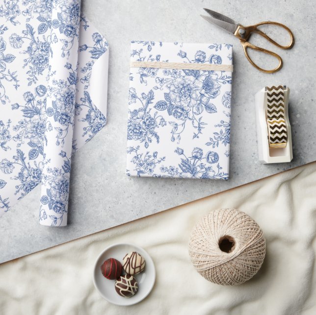 Vintage Blue Rose Floral Pattern Wrapping Paper (Crafts)