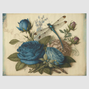 Vintage Blue Roses and Dragonfly Decoupage Tissue Paper