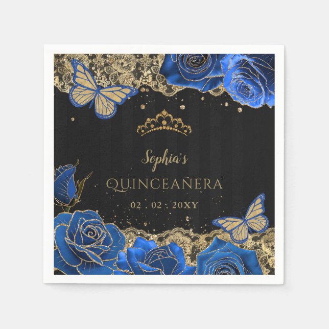 Vintage Blue Roses Black Gold Lace Quinceañera Napkin (Front)