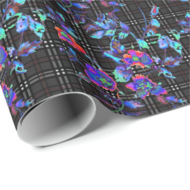 Vintage blue roses  Black white plaid background Wrapping Paper (Roll Corner)