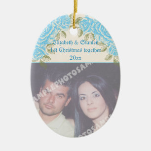 Vintage blue roses Couple's first Christmas photo Ceramic Tree Decoration