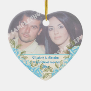 Vintage blue roses Couple's first Christmas photo Ceramic Tree Decoration