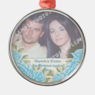 Vintage blue roses Couple's first Christmas photo Metal Tree Decoration