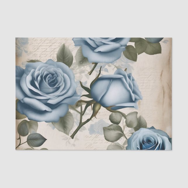 Vintage Blue Roses Shabby Tissue Paper (Front)