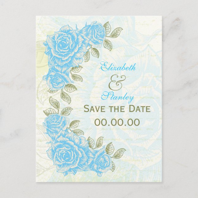 Vintage blue roses wedding Save the Date postcard (Front)