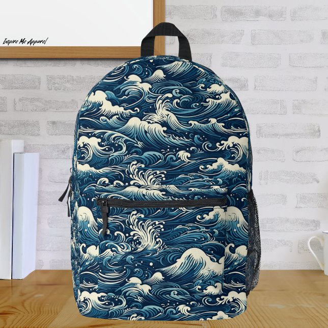 Vintage Blue Rough Waves Pattern Printed Backpack (Creator Uploaded)