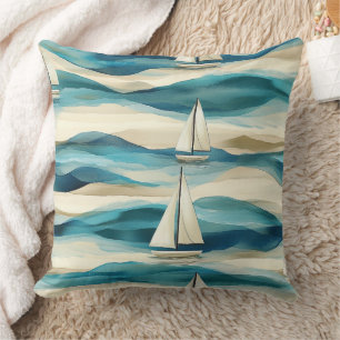 Vintage Blue Sailboat Maritime Coastal Pattern Cushion