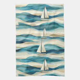 Vintage Blue Sailboat Maritime Coastal Pattern Tea Towel