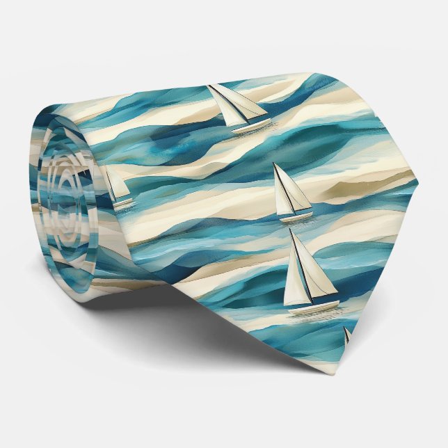 Vintage Blue Sailboat Maritime Coastal Pattern Tie (Rolled)
