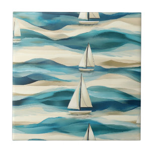 Vintage Blue Sailboat Maritime Coastal Pattern Tile