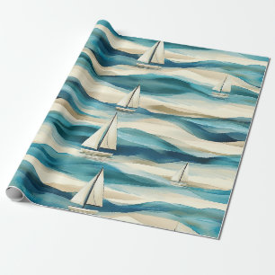 Vintage Blue Sailboat Maritime Coastal Pattern Wrapping Paper