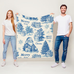 Vintage Blue Santa Christmas Toile Pattern Fleece Blanket